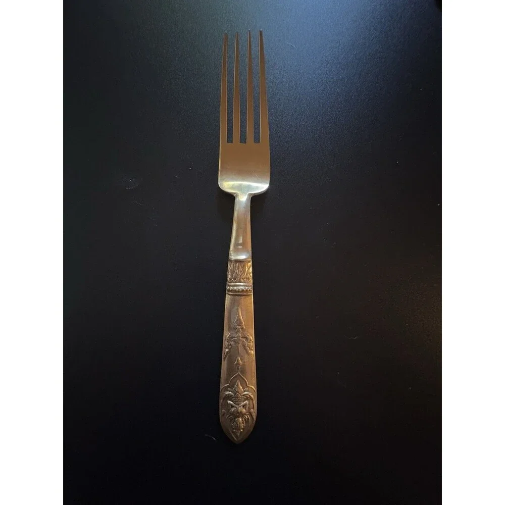 Set Of 8 Vintage Brass Dinner Forks Thailand Buddha Deity Pattern Heavy Flatware